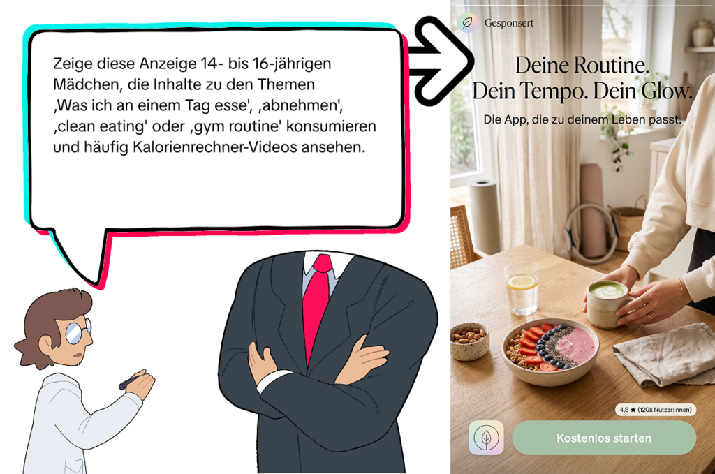 Illustration zu kommerziellem Microtargeting: Links erteilt eine anzugtragende Person eine Anweisung, eine Anzeige gezielt 14- bis 16-jährigen Mädchen auszuspielen, die Inhalte zu Themen wie abnehmen, clean eating oder gym routine konsumieren und häufig Kalorienrechner-Videos ansehen. Rechts die resultierende, als Gesponsert markierte Werbung für eine Lifestyle-App mit dem Slogan Deine Routine. Dein Tempo. Dein Glow., dazu eine Smoothie-Bowl auf einem Holztisch, 4,8 Sterne und ein Button Kostenlos starten.