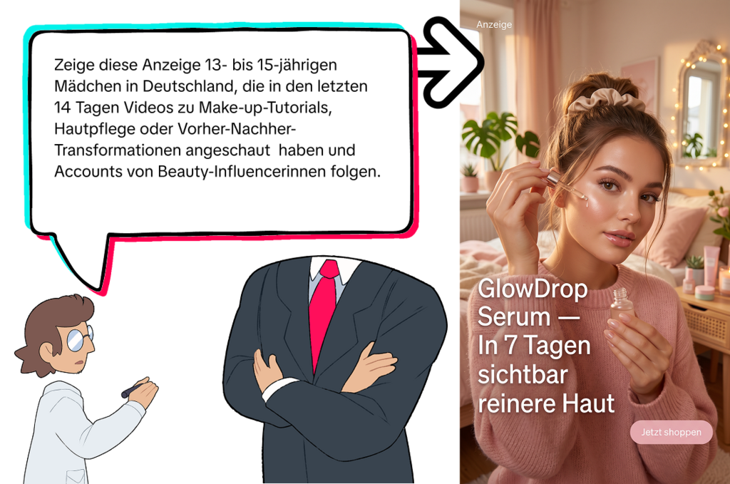 Illustration zu kommerziellem Microtargeting: Links erteilt eine anzugtragende Person (Gesicht nicht sichtbar, rote Krawatte) in einer Sprechblase die Anweisung, eine Anzeige gezielt 13- bis 15-jährigen Mädchen in Deutschland auszuspielen, die in den letzten 14 Tagen Make-up-Tutorials, Hautpflege- oder Vorher-Nachher-Videos angeschaut haben und Beauty-Influencerinnen folgen. Eine kleinere Comicfigur im Laborkittel hört zu. Rechts die resultierende, als ‚Anzeige‘ markierte Werbung für ‚GlowDrop Serum‘ mit dem Versprechen ‚In 7 Tagen sichtbar reinere Haut‘: eine junge Frau trägt sich in einem rosa gehaltenen Zimmer ein Serum auf, dazu ein Button ‚Jetzt shoppen‘.
