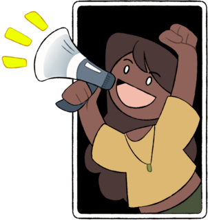 Comic-Illustration einer jungen Frau mit langen braunen Haaren und gelbem Oberteil, die begeistert in ein Megafon ruft und dabei eine Faust in die Höhe streckt. Gelbe Striche links betonen die Lautstärke. Sie steht vor schwarzem Hintergrund in einem hochkant gerahmten Bild.