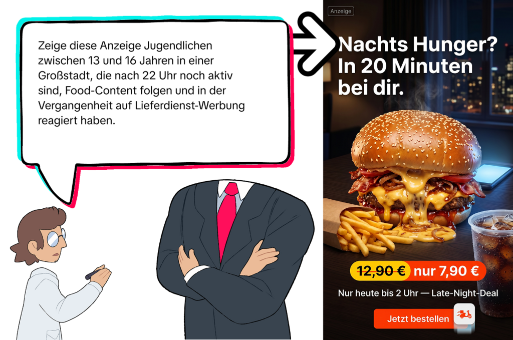 Illustration zu kommerziellem Microtargeting: Links erteilt eine anzugtragende Person (Gesicht nicht sichtbar, rote Krawatte) in einer Sprechblase die Anweisung, eine Anzeige gezielt Jugendlichen zwischen 13 und 16 Jahren in einer Großstadt auszuspielen, die nach 22 Uhr noch aktiv sind, Food-Content folgen und in der Vergangenheit auf Lieferdienst-Werbung reagiert haben. Eine kleinere Comicfigur im Laborkittel hört zu. Rechts die resultierende, als ‚Anzeige‘ markierte Lieferdienst-Werbung mit der Aufschrift ‚Nachts Hunger? In 20 Minuten bei dir.‘: ein üppiger Cheeseburger mit Pommes und Cola vor nächtlicher Stadtkulisse, dazu der reduzierte Preis ‚12,90 € nur 7,90 €‘, der Hinweis ‚Nur heute bis 2 Uhr — Late-Night-Deal‘ und ein Button ‚Jetzt bestellen‘.