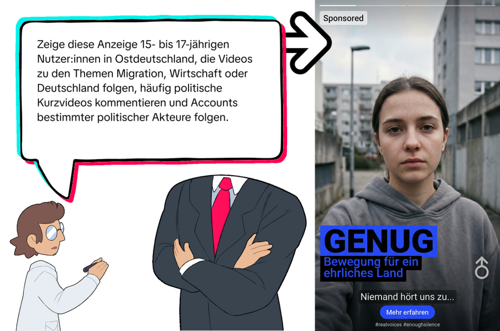 Illustration zu politischem Microtargeting: Links erteilt eine anzugtragende Person die Anweisung, eine Anzeige gezielt 15- bis 17-jährigen Nutzer:innen in Ostdeutschland mit Interesse an politischen Themen auszuspielen. Rechts die resultierende ‚Sponsored‘-Anzeige der fiktiven Bewegung ‚GENUG – Bewegung für ein ehrliches Land‘ mit dem Foto einer jungen Frau vor Plattenbauten und dem Text ‚Niemand hört uns zu…‘.