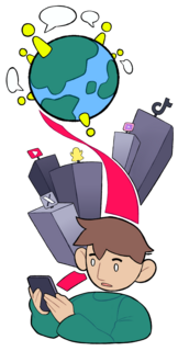 Eine Person schaut auf ihr Handy. Hinter der Person sind einige große Gebäude mit den Logos der großen Social-Media-Unternehmen zu sehen. Das Handy ist durch eine breite rote Linie mit der Welt verbunden.